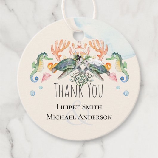 Zee Turtles Weddenschap met bride en bruin Bedankjes Labels (Voorkant)
