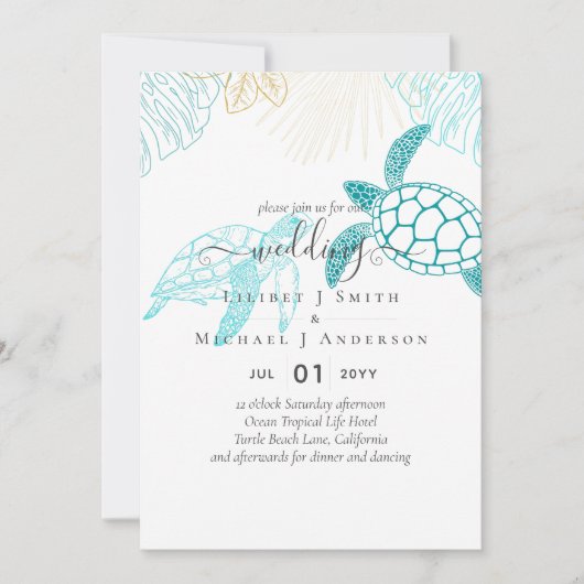 Zee Turtles Wedding Moderne Ocean Beach Kaart (Voorkant)