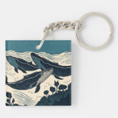 Zee van de walvisvaart Mariene Natuur Linocut Sleutelhanger (Achterkant)