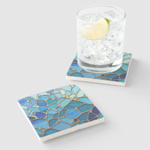 Zee van golven blauw en goud mozaïek kunst stenen onderzetter
