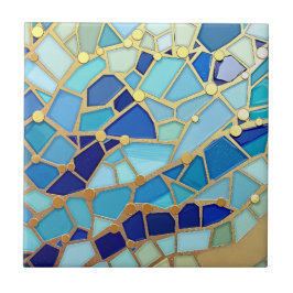 Zee van golven blauw en goud mozaïek kunst tegeltje