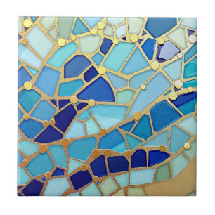 Zee van golven blauw en goud mozaïek kunst tegeltje