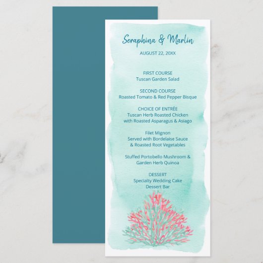 Zee van Liefde | nautische Waterverf koraal bruilo Menu (Voorkant / Achterkant)