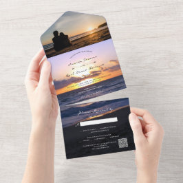 Zee van liefde | Strandzonsondergang + uw fotobrui All In One Uitnodiging