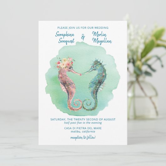 Zee van Liefde | Whimsical Seahorse Beach Weddensc Kaart (Staand voorkant)