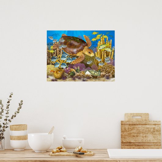 Zee van Loggerhead over rif Poster (Keuken)