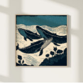 Zee van walvissen en Natuur van de zee Linocut Nov Poster
