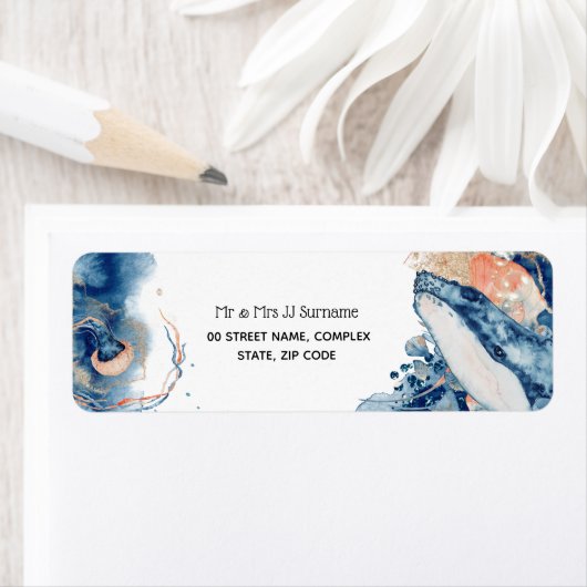 Zee van walvisvissen, blauwe oranje oceaan etiket (Insitu)