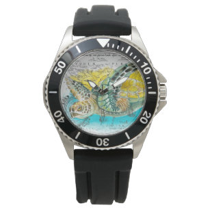 Zee Vintage Waterverf  Kaart wit Horloge