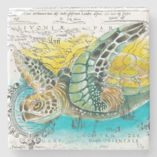 Zee Vintage Waterverf  Kaart wit Stenen Onderzetter