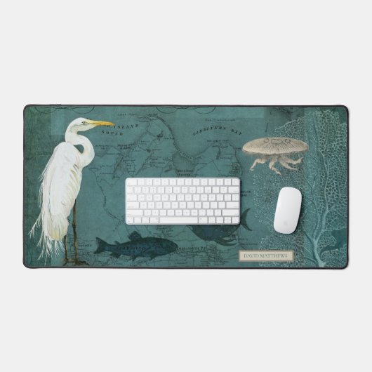 Zee Vogel Botanische Heron Vis Kwallen Blauwgroen  Bureaumat (Keyboard & Muis)