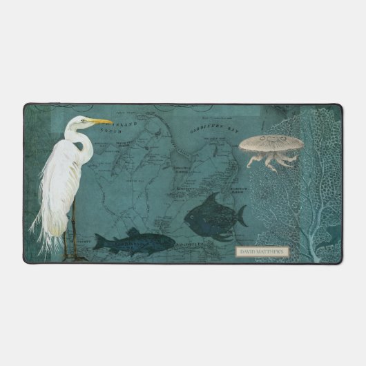 Zee Vogel Botanische Heron Vis Kwallen Blauwgroen  Bureaumat (Voorkant)