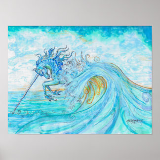 Zee Water Ocean Unicorn Leaping Long Horn Poster