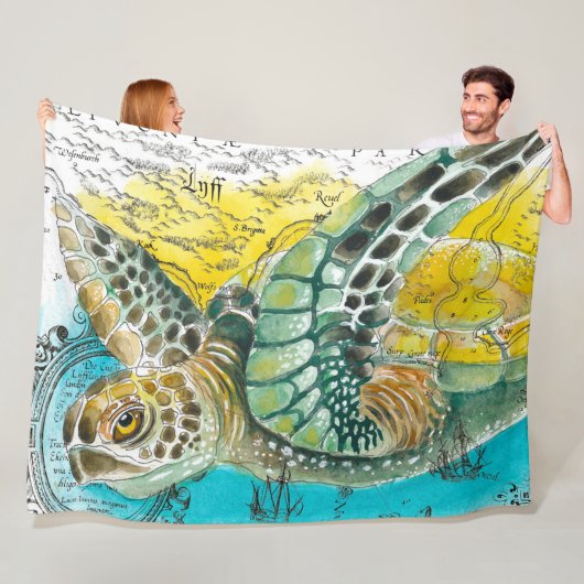 Zee  Waterverf Kaart wit Fleece Deken (In situ)