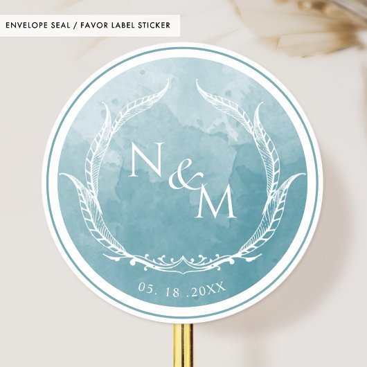 Zee Waterverf monogram Enveloppen / Favor Ronde Sticker
