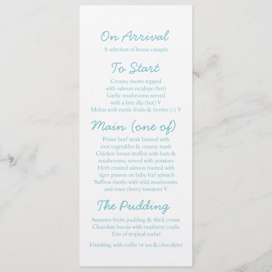 Zee wervelt strand blauw wit bruiloft menu (Achterkant)