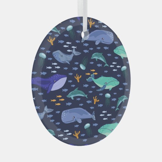 Zee wezens: walvissen, kwallen patroon. glas ornament (Voorkant Rechts)