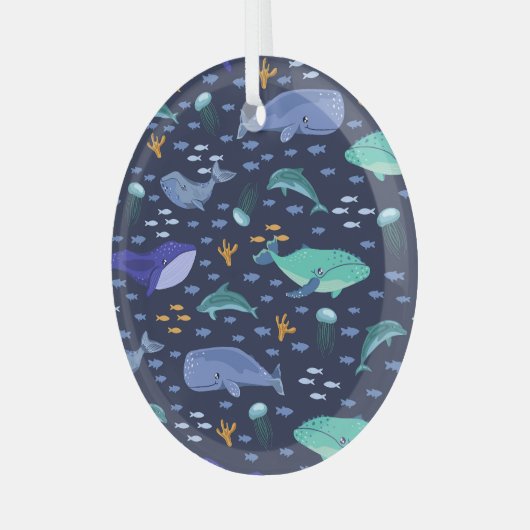 Zee wezens: walvissen, kwallen patroon. glas ornament (Voorkant links)