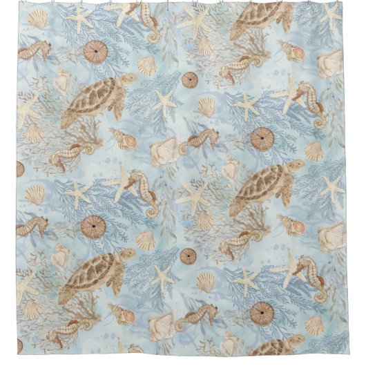 Zee Whispers Schildpad Zeepaardje Zeesterren Water Douchegordijn (Voorkant)