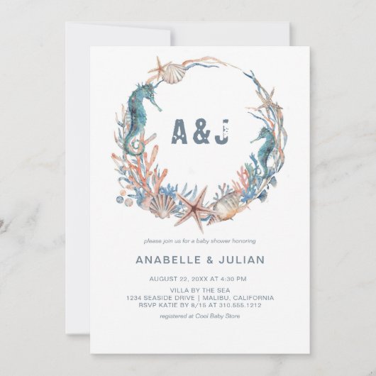 Zee Wreath | Rustisch Beach Monogram Baby shower Kaart (Voorkant)