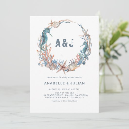 Zee Wreath | Rustisch Beach Monogram Baby shower Kaart (Staand voorkant)