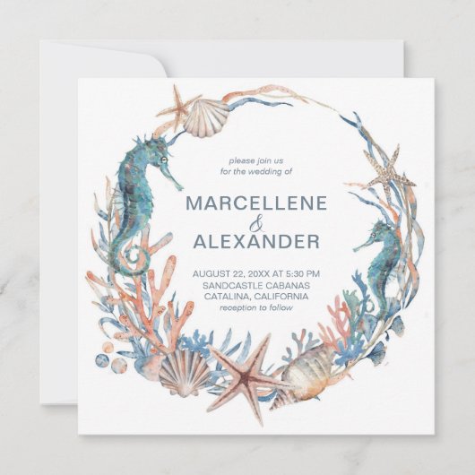 Zee Wreath | Seahorse and Shells Beach Wedding Kaart (Voorkant)