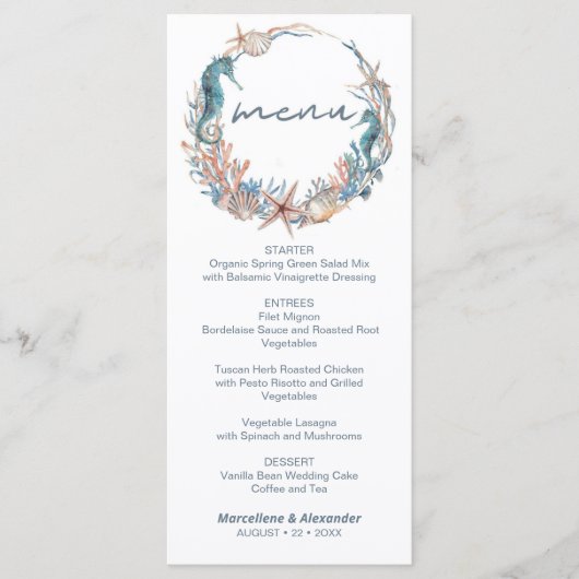 Zee Wreath | Tropisch strand Waterverf bruiloft Menu (Voorkant)