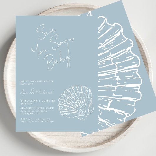 Zee You Soon Blue Scallop Shell Boy Baby shower Kaart