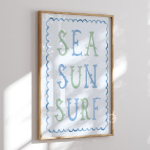 Zee Zon Surf Nursery Blauwe Muurkunst Poster