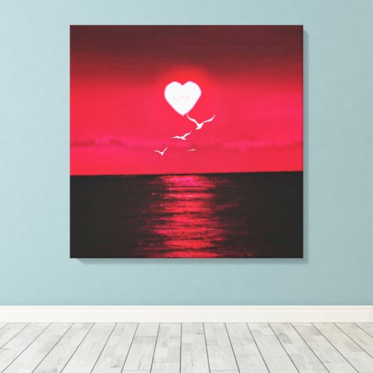 Zee Zonsondergang Canvas Print met Hart Zon Liefde (Insitu (Houten vloer))
