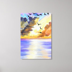 Zee Zonsondergang Vliegende Vogels Canvas Print -