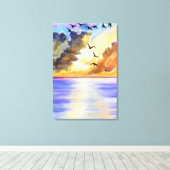 Zee Zonsondergang Vliegende Vogels Canvas Print - (Insitu (Houten vloer))