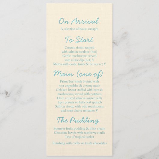 Zee zwaait het menu van het avondeten blauw en crè (Achterkant)