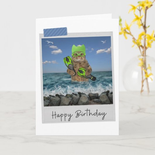 Zee zwemmer Cat Funny Birthday Card Kaart (Gele Bloem)