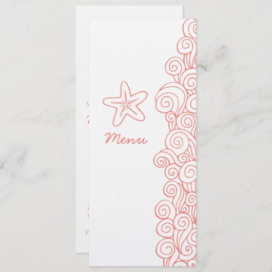 Zee zwril zeesterkoraal wit trouwdiner menu (Voorkant / Achterkant)