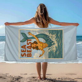 Zeebeest Retro Zeemeermin | Grappige Kust Strand B Strandlaken