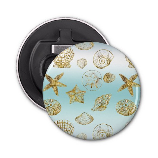 Zeebekkens van de goudmakreel Aqua Blue Ombre Button Flesopener (Voorkant)