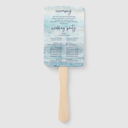 Zeeblauwe Strandgolven Watercolor Trouwprogramma  Handwaaier (Achterkant)
