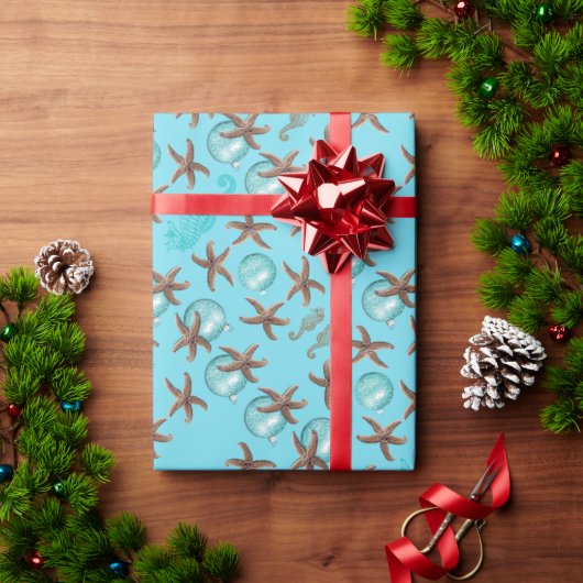 Zeeblauwe Zeester Patroon Kerstpapier Cadeaupapier (Feestdagen Geschenken)