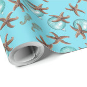 Zeeblauwe Zeester Patroon Kerstpapier Cadeaupapier (Rol Hoek)