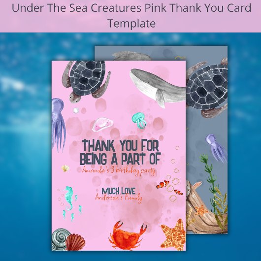 Zeedieren Kinderfeest Roze Bedankkaart
