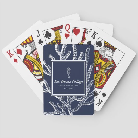 Zeedroomdromen: Blauw & Wit Zeepaardje en Koraal Pokerkaarten (Achterkant)