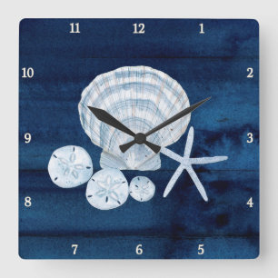Zeeduivel Beach Sand Dollar Blue n White Vierkante Klok