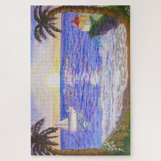 Zeeduivel, kustlandschap, jacht en palmkunst legpuzzel (Verticaal)