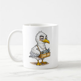 Zeeëend met krat vis aan de kust koffiemok