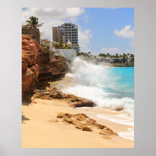 Zeeen breken bij Cupecoy Beach Cliffs, Sint Maarte Poster (Voorkant)