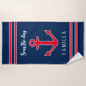 Zeeen de dag Nautisch anker blauw en rood douane Strandlaken (Voorkant)