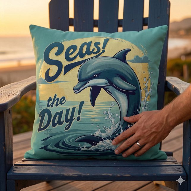 Zeeen de Dag Retro Dolfijn Oceaan Esthetisch Kussen (Seas the Day Retro Dolphin Ocean Aesthetic Throw Pillow Mockup D)