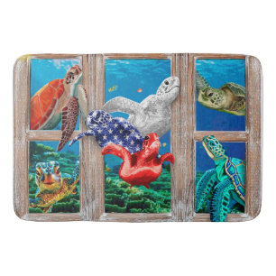 Zeeen draaien om in de deuropening badmat