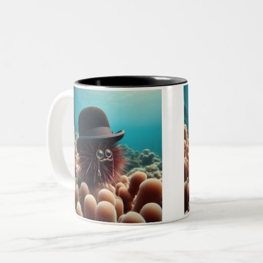 Zeeen egel met pet en bi-monocles tweekleurige koffiemok (Voorkant links)